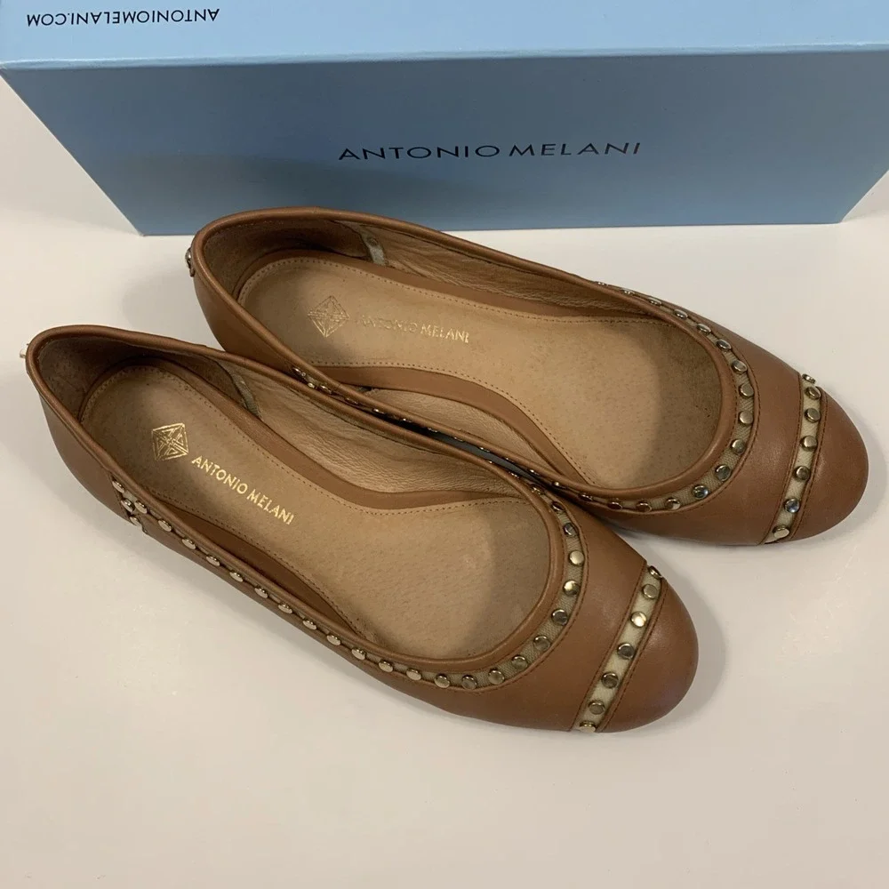 Ballet Flats "Lannce" Antonio Melani Women's 7.5M Brown Gold Studs Y2K - Picture 2 of 5
